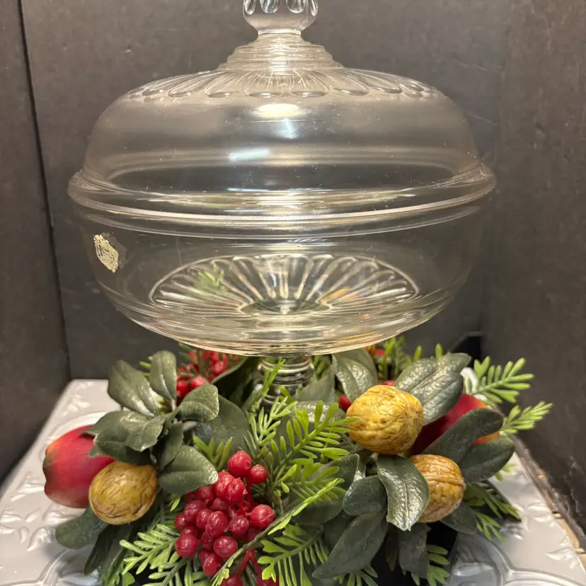 Vintage EAPG Covered Large Clear Pedestal Serving Dish With Vintage Fruit Rap