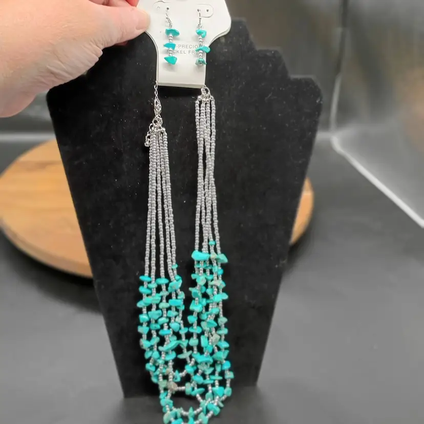 Cato Multi-strand Turquoise Chip & Chrome Bead Necklace with Matching French Wire Pierced Earrings