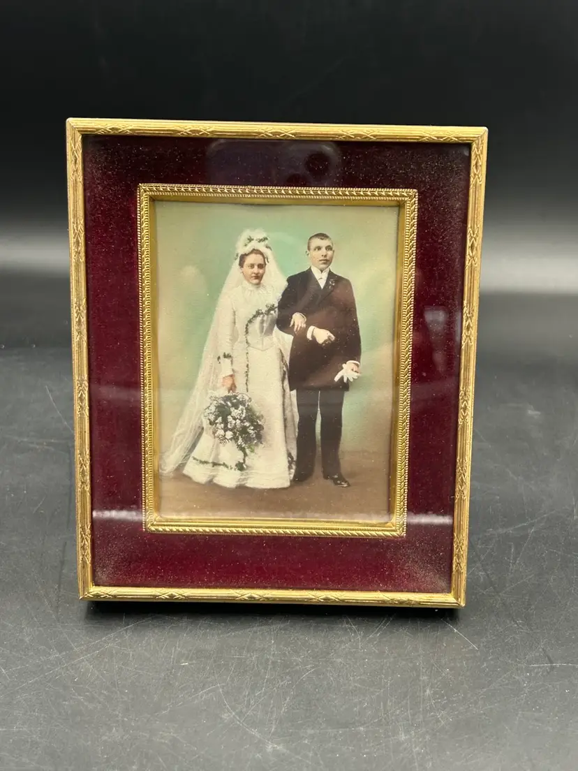 Antique framed velvet matted hand colored wedding photograph 5.75” Ephemera