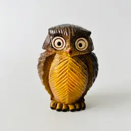 Artesania Rinconada Owl Figurine Clay Handmade Uruguay Signed Earthenware Brown and Yellow 3" tall and 2.25" by 1.75" wide.