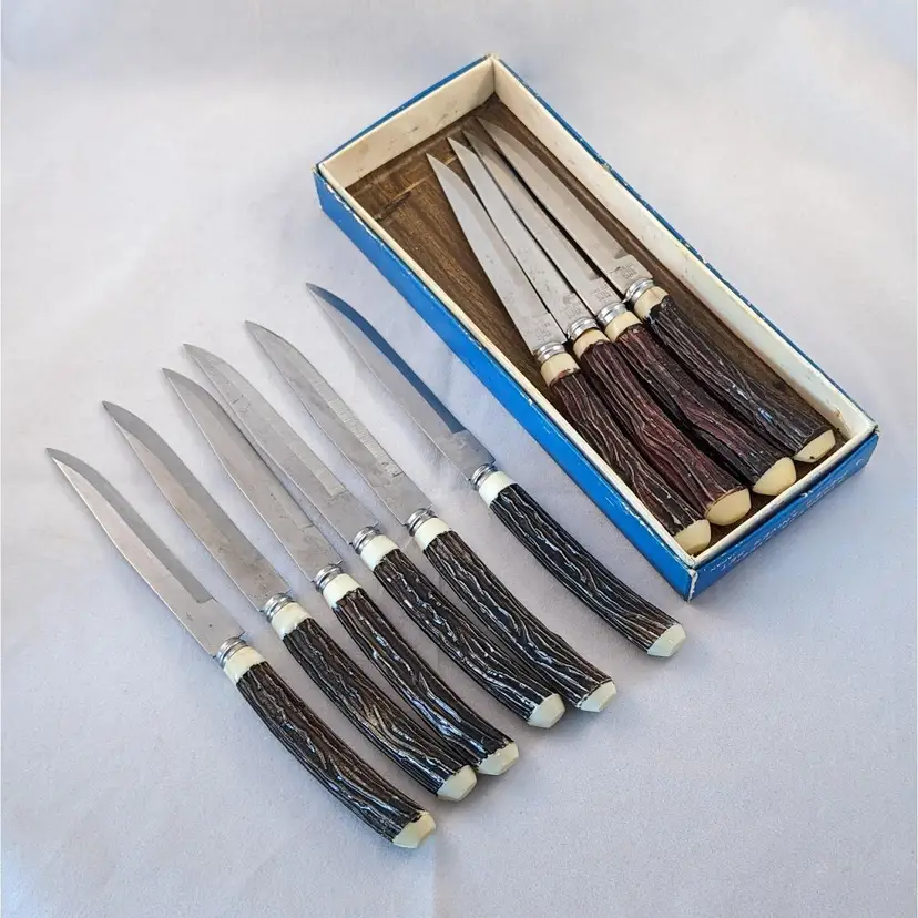 Vintage Faux Deer Antler Steak Knives - Lot of 10 - Japan - Stainless Steel