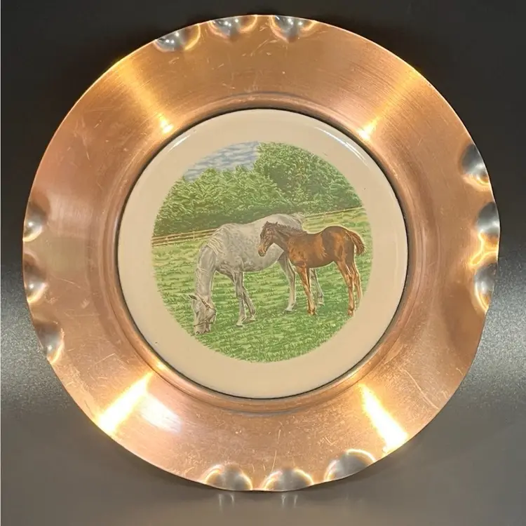 Copper Wall Plate with Horse And Foal Scene – 5” Ruffled Edge-vintage