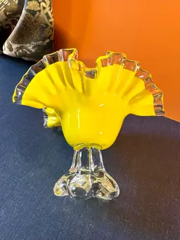 Art Glass Pedestal Bowl Deep Yellow Ruffle Edge Clear Stem CZech? 6”