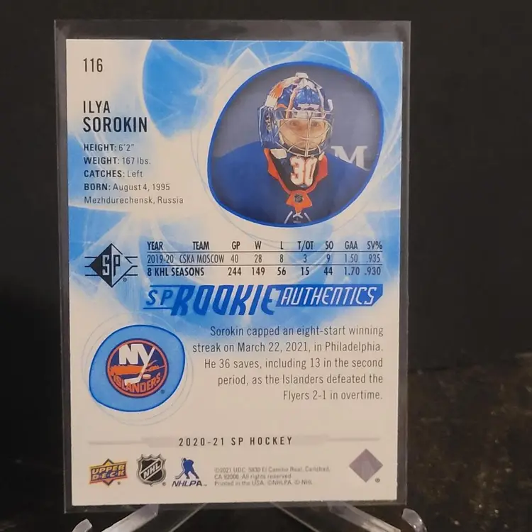 ILYA SOROKIN 2020/21 UPPER DECK SP ROOKIE AUTHENTICS HOCKEY CARD
