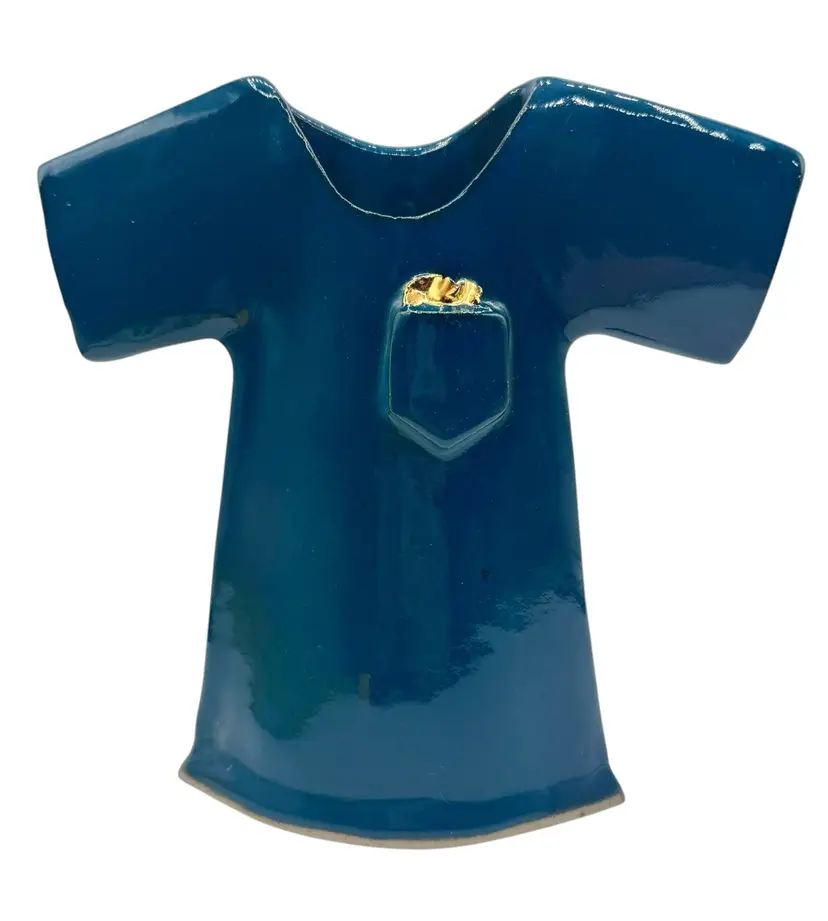 Studio Art Pottery Shirt Dress Shaped Vase Teal Blue Gold Pocket 9”