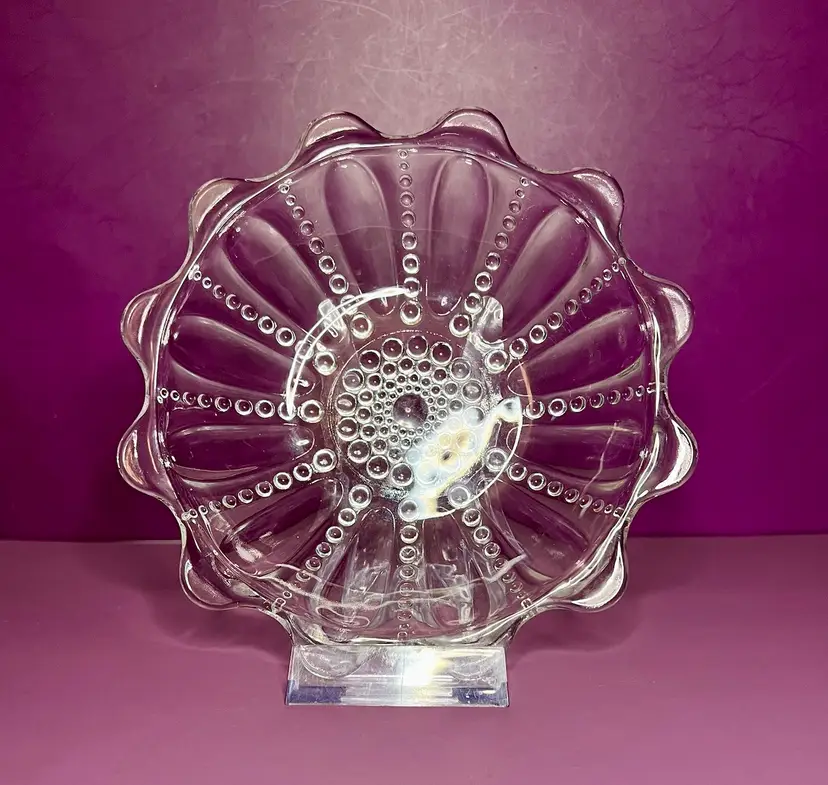 Vintage Hobnail Scalloped Edge Clear Pressed Glass Bowl 6 1/2”