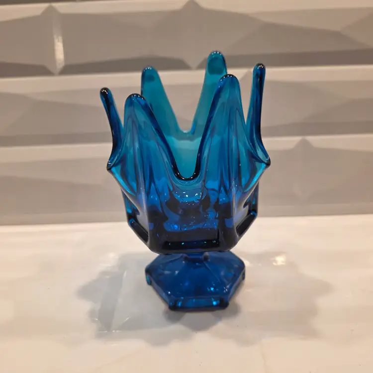 Viking Blue Glass Six Petal Handkerchief 5.5" Vase Geometric Hexagon Pedestal