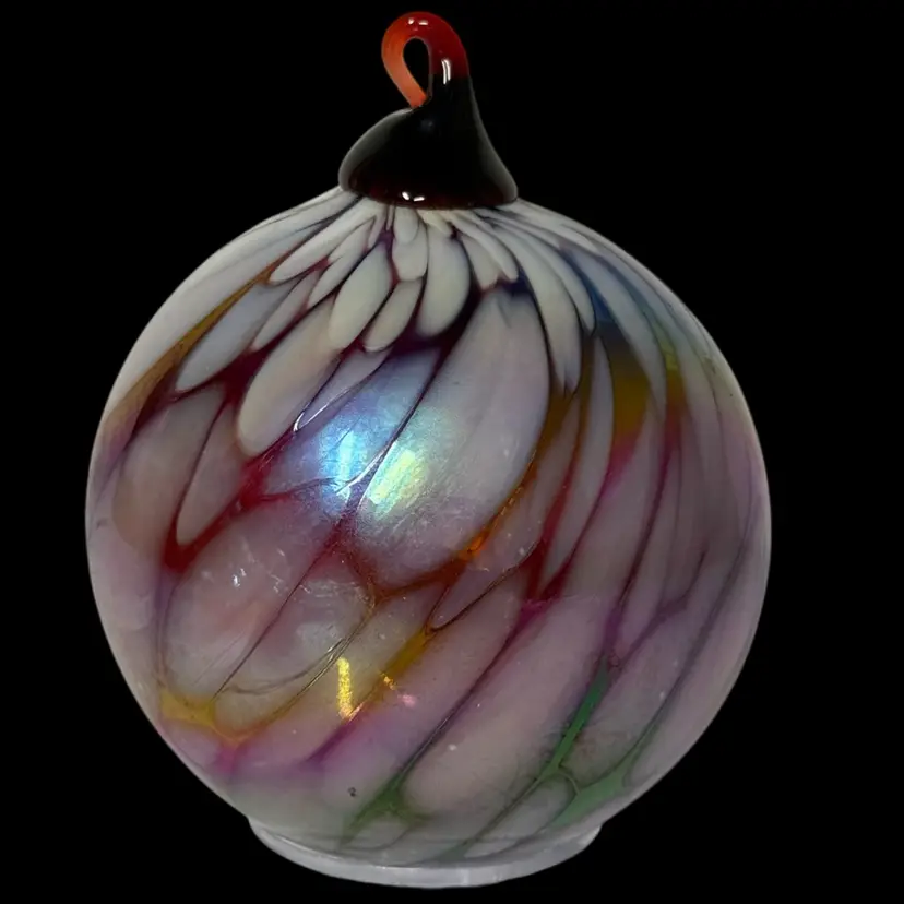 $1 SB Iridescent White Spatter Glass On Ruby Hanging Orb Ornament 4”
