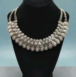 Cleopatra Rhinestones Teardrop & Diamond Shaped Rows Silver Tone Curb Necklace