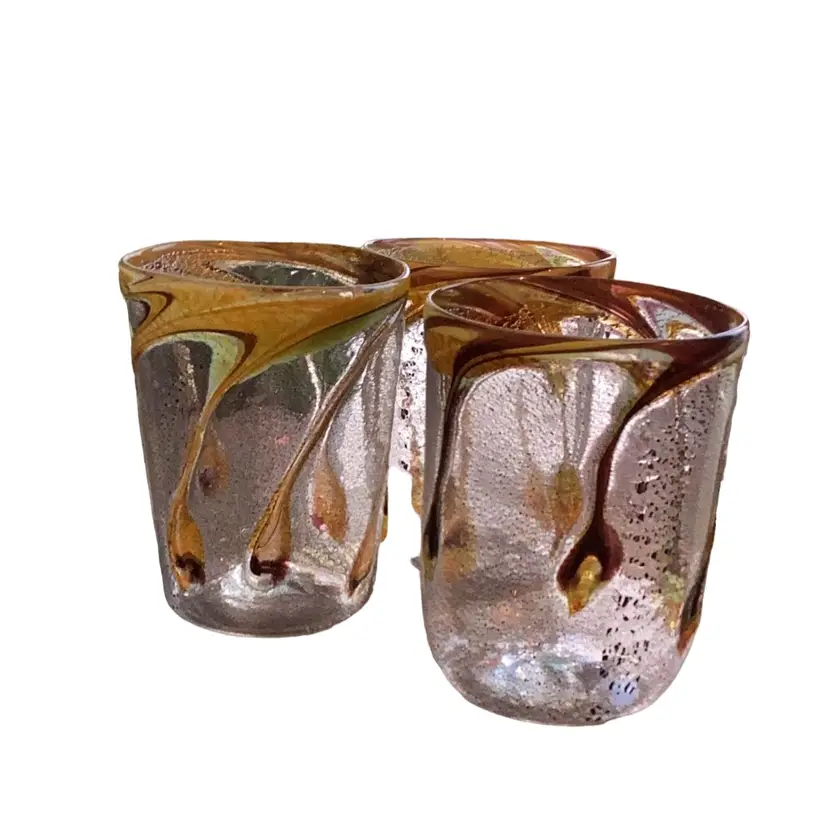 3 Spectacular Handblown Art Glasses Speckled And Pulled Amber And Brown Colors
