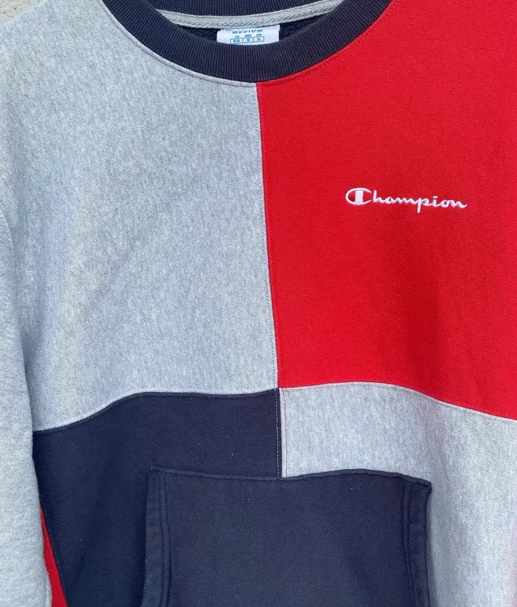Vintage 90’s Champion Color Block Sweater Pullover Embroidered Logos Front Pocket