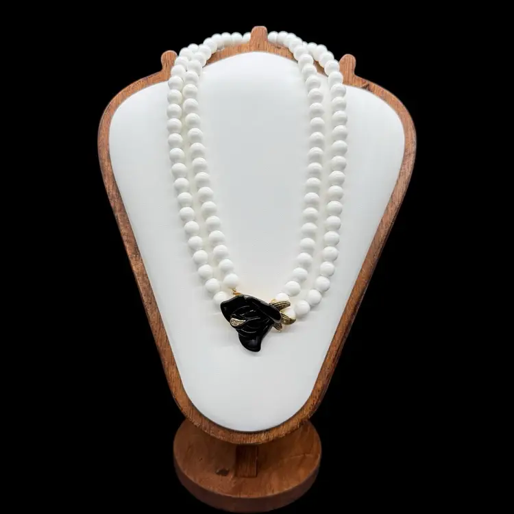 1980s KJL For AVON Signed Black Midnight Rose White Beaded Statement Necklace