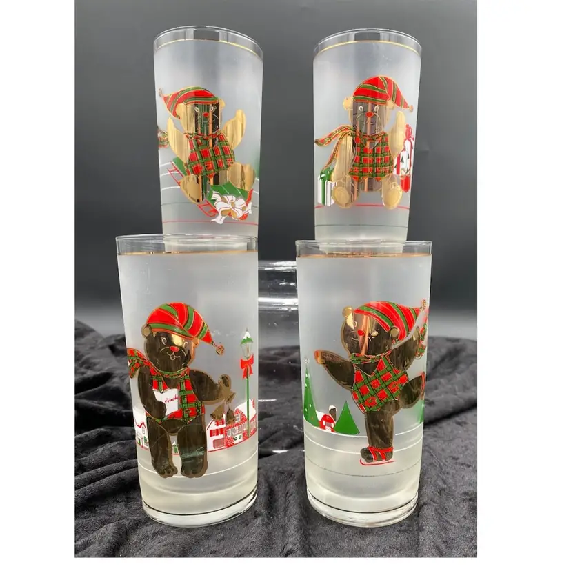 4 Culver Highball Christmas Glasses, 24kt Gold, Gold Bears on Frosted Glass