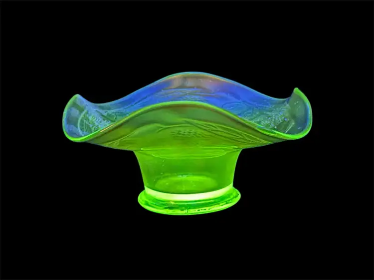 c1900s Early Fenton Blackberry Spray Marigold Carnival Glass Bowl Dish Hat w/ Green Base | Uranium Glass