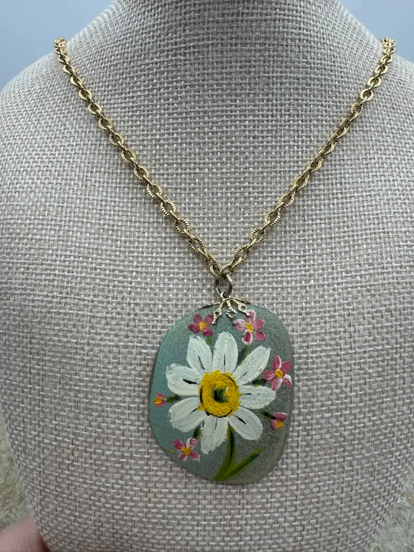 Vintage Handmade Glass Bifocal Lens Necklace Hand Painted Flowers Gold Chain