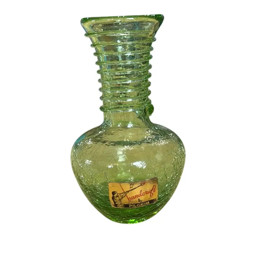 Pilgrim Green Crackle Glass Vase W Threading Swirl, Art Glass 45/8"