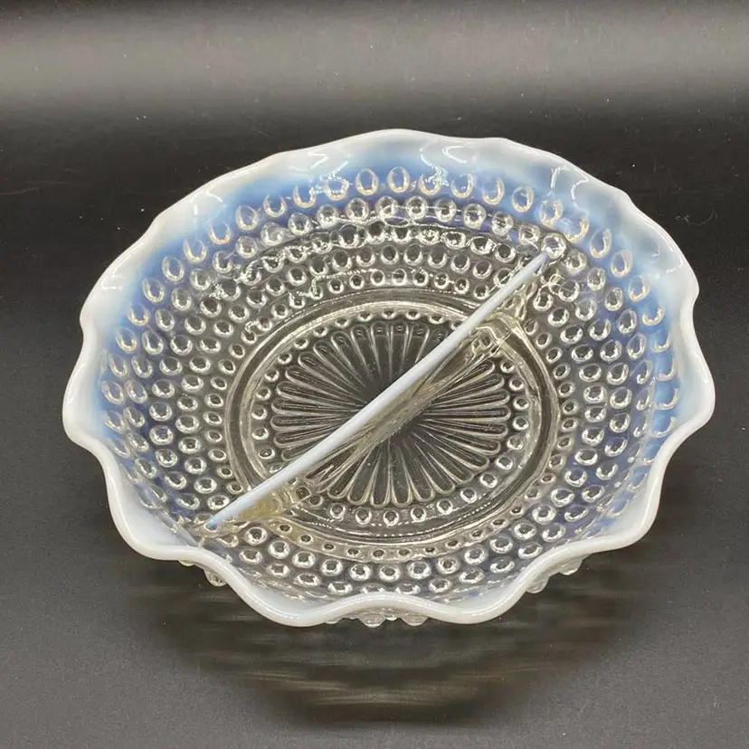 #0109 PAIR Moonstone Opalescent Hobnail Ruffle Edge Divided Glass Candy Dish Pair
