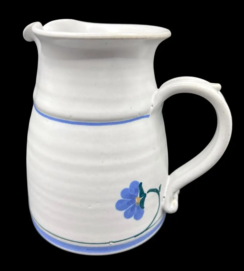 Handmade Studio Art Pottery Jug Pitcher Handle Stoneware Blue White Floral 26oz