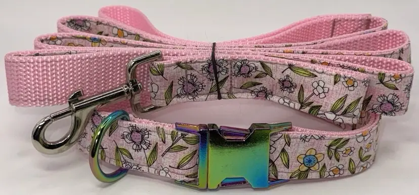 Dog Collar & Leash Pink Floral Print Large Handmade Heavy Duty NEW