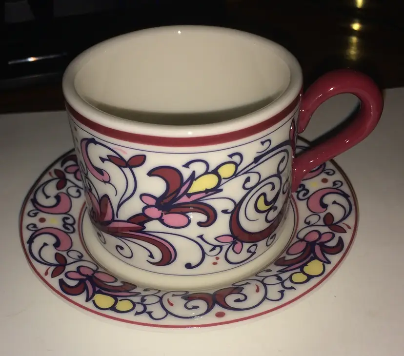 Tea Cup and Saucer Set Beautifully Designed with Pinks  From The White Barn Candle Co.  4" wide 2" Tall!