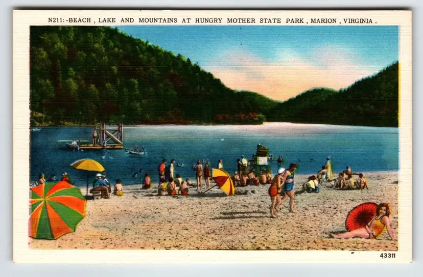Beach Lake Mountains At Hungry Mother State Park Marion Virginia Postcard Linen