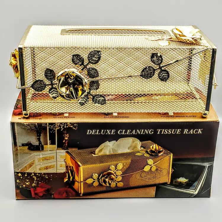 Vtg Gold Tone Metal Rose Mesh Tissue Box Cover Holder Hollywood Regency NOS Box