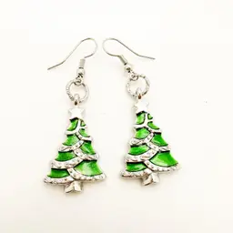 Christmas Tree Dangle Earrings Silver Tone Green Enamel 2"L
