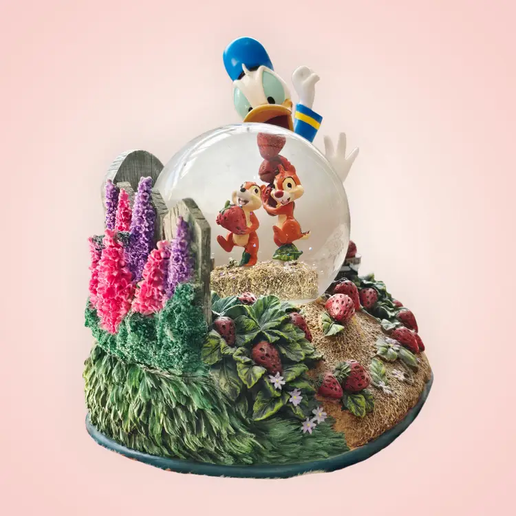 Vintage Disney Snow Globe Chip & Dale Donald Duck Strawberry Figurine Musical