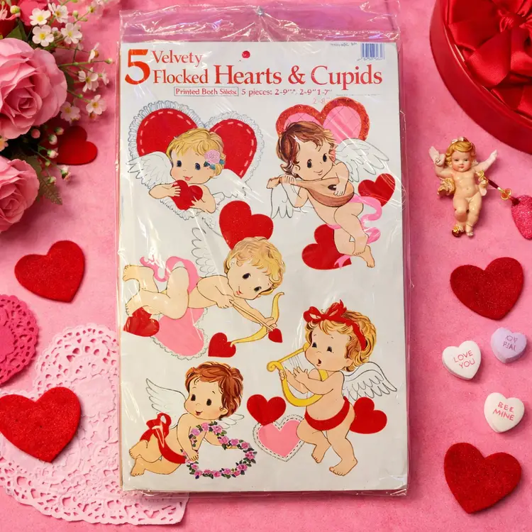 Vintage 1982 NOS Valentine Flocked Hearts & Cupids Classroom Die Cuts Peck Industries