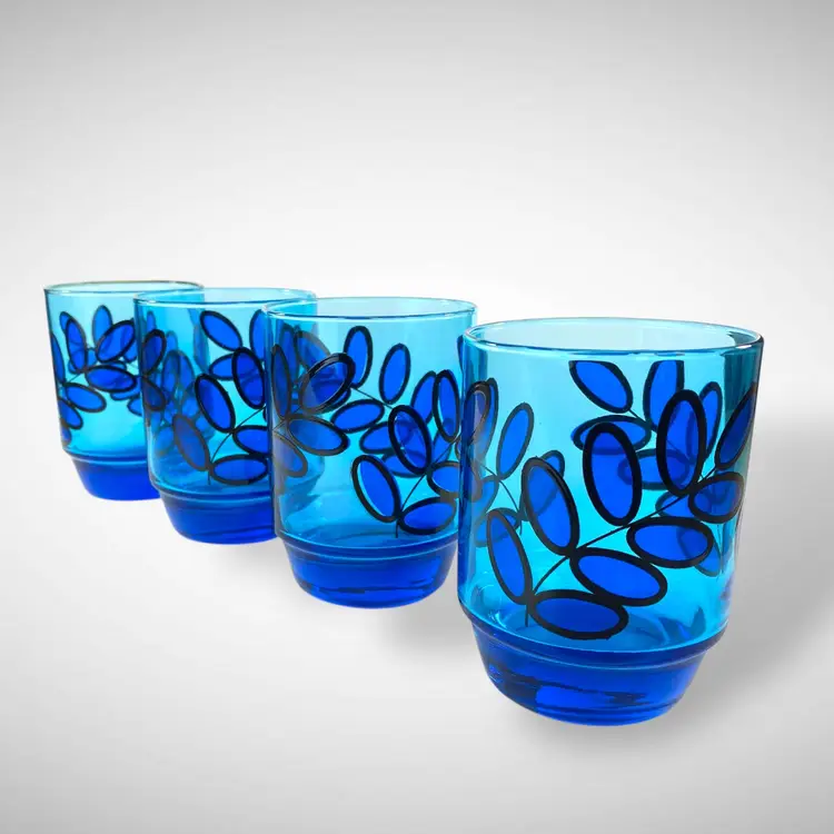 Set of 4 Electric Blue Glass Tumblers Abstract Leaf Design Vintage Barware