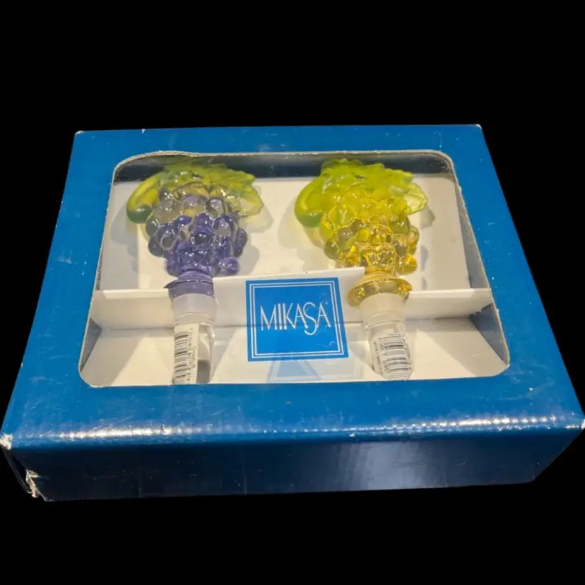 Mikasa- Austrian Crystal- Chablis-Set Of 2 Bottle Stoppers- 6” - Original Box- Purple And Yellow Grapes- Hand Blown