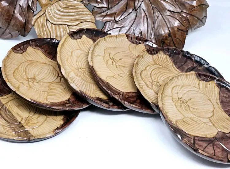 Hand Carved Wood Leaf Platter 14" Food Snack Trays 6" Plates Set of 6 Rare Handmade