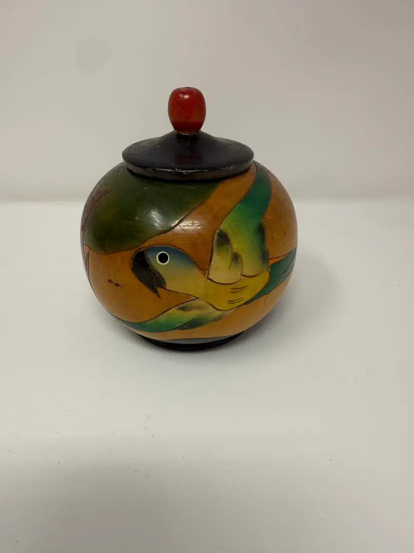 Vintage wooden turned hand painted jar with tropical birds