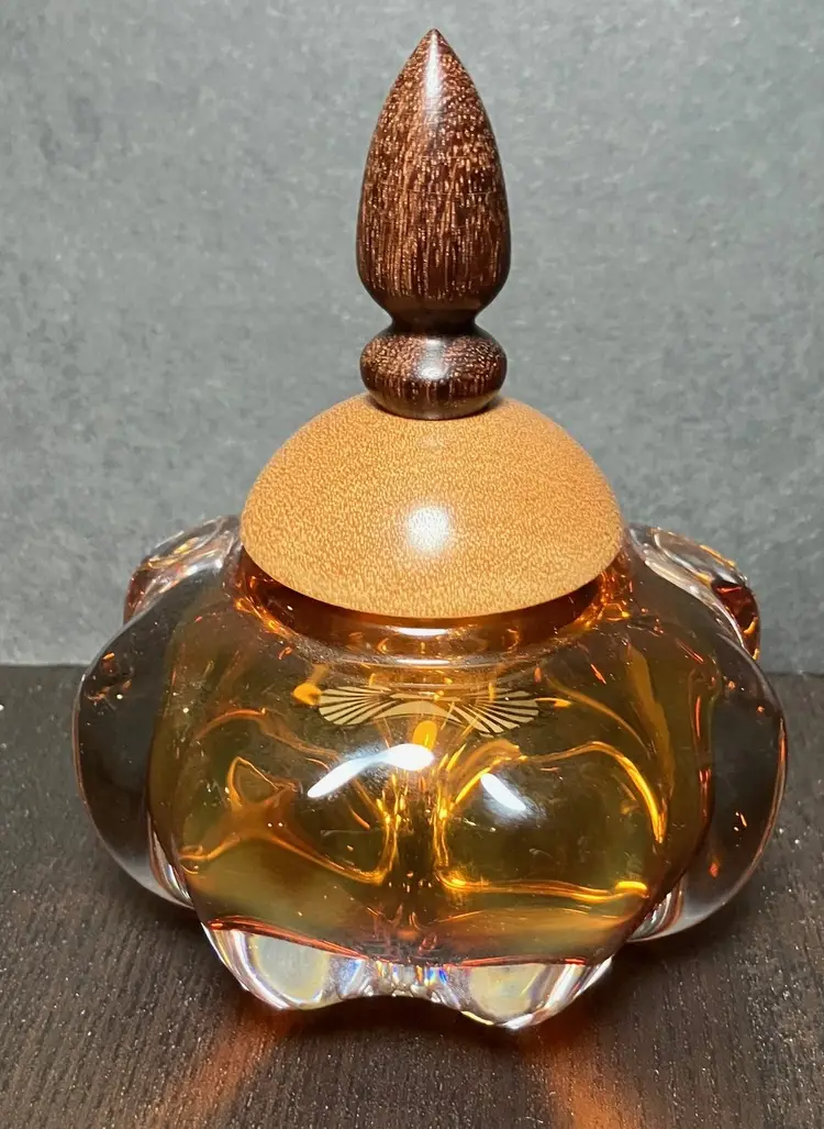 VTG Amber Handblown Art Glass Perfume Storage Bottle with Wood lid