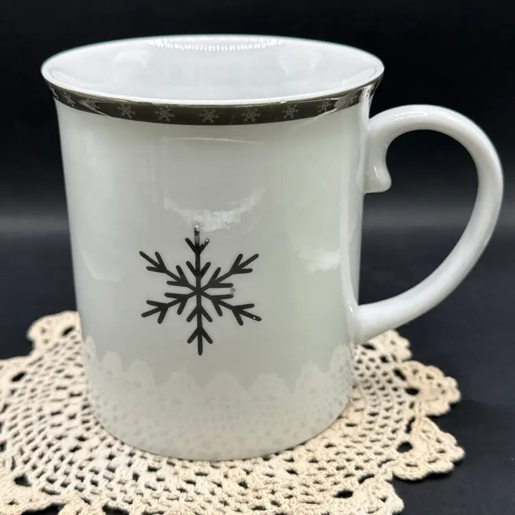 Threshold White Porcelain Snowflake Mug Silver Snowflake Trim And Emblem