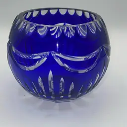 Cobalt Blue Cut-to-Clear Crystal Votive Candle Holder 5” Vintage