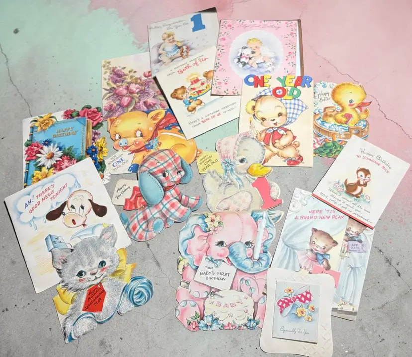 16 Vintage Happy Birthday Cards Signed - Used - Mostly First Year Birthday - 1940s