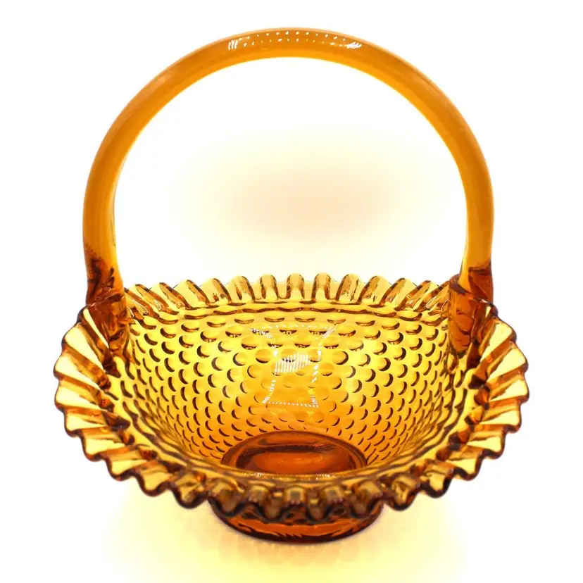 Vintage Large Fenton Amber Gold Glass Basket Ruffled Edge Hobnail Pattern 9"