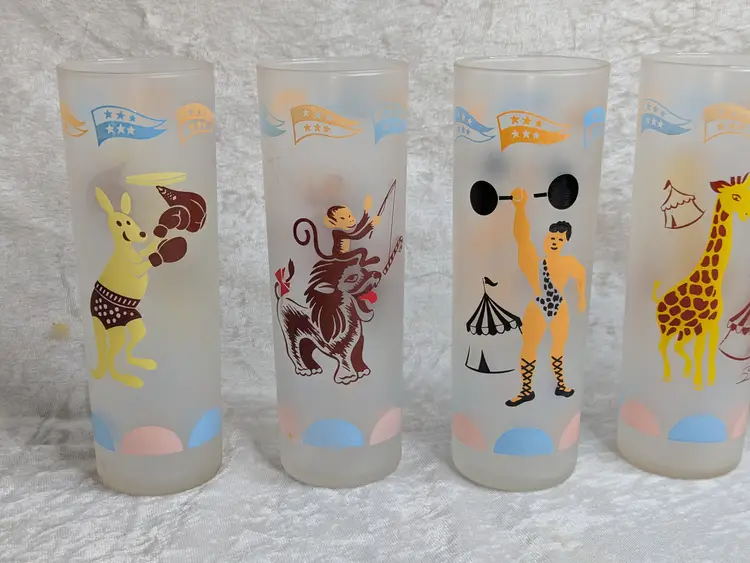 Set Of 6 Vintage Libbey Frosted Carousel Circus Iced Tea Collins Tall Glasses Barware 50s Strong man Ring Master