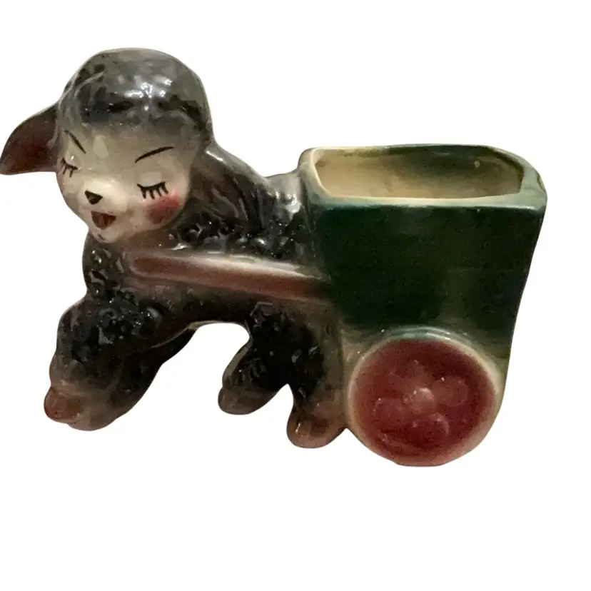 Vintage 1950’s Ceramic Planter Anthropomorphic / Kitsch Black Lamb Pulling A Cart 4 1/2” X 6”-READ