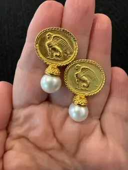 Vintage 1980's Winged Sphinx JADED JEWELS NYC Earrings Genuine Pearls.