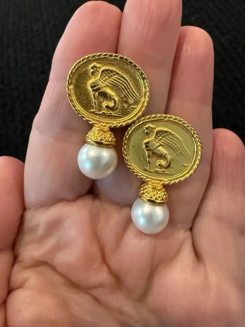 Vintage 1980's Winged Sphinx JADED JEWELS NYC Earrings Genuine Pearls.