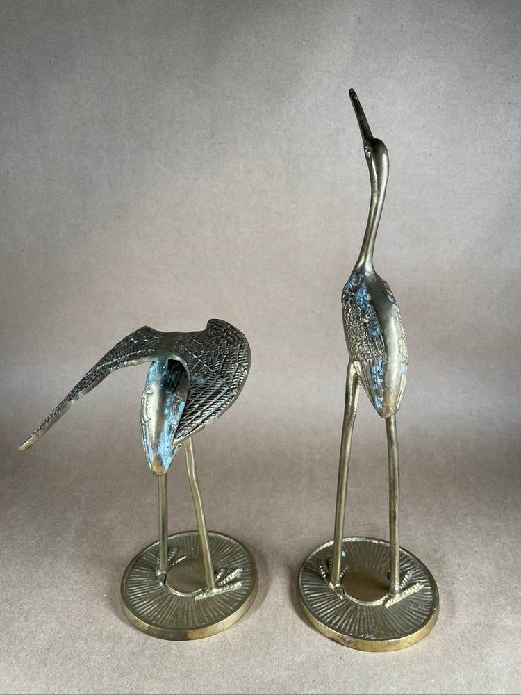 Vintage Set of 2 Solid Brass Cranes Herons Egrets Bird Figurine Animal Statues Decor with Natural Patina