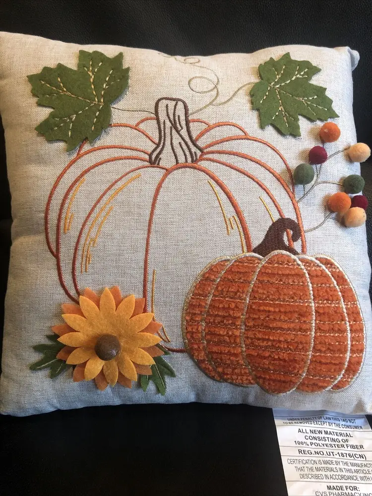 NWT! CVS Harvest Moon Fall Throw Pillow 12”x12” Rustic Chic Flower Pumpkin Leaf