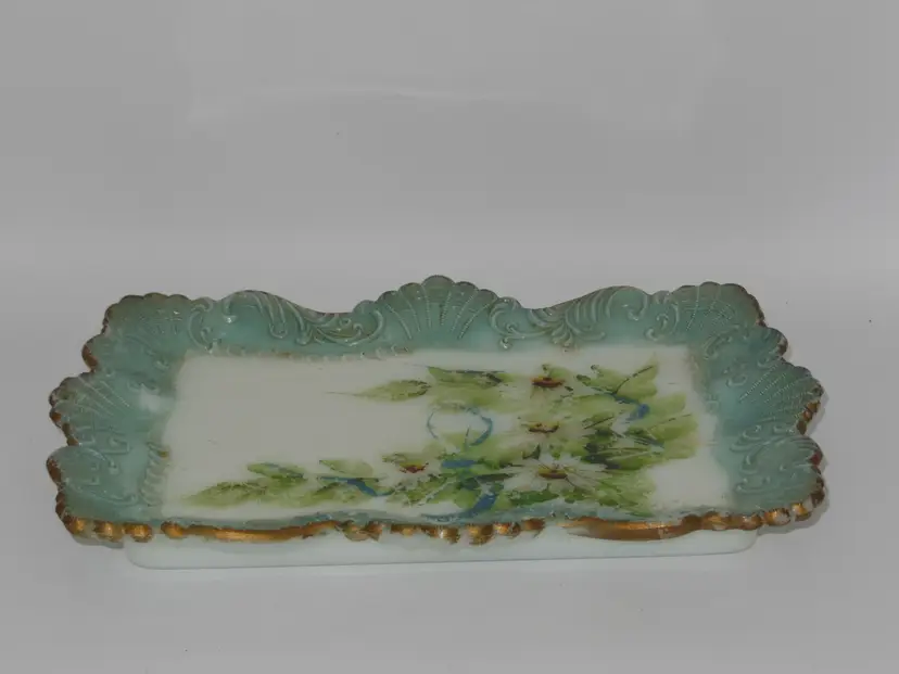 RARE EAPG Milk Glass, Victorian Era, Hand Painted Large Dresser Tray