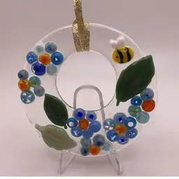 LBB Made by Me! Fused Glass Blue Flowers & Bee Ornament 3.5” Handcrafted Studio Art