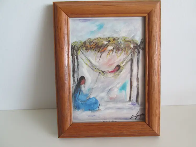 Set of 2 Vintage DeGrazia Southwestern Framed Art Pink Papoose + Desert Lullaby