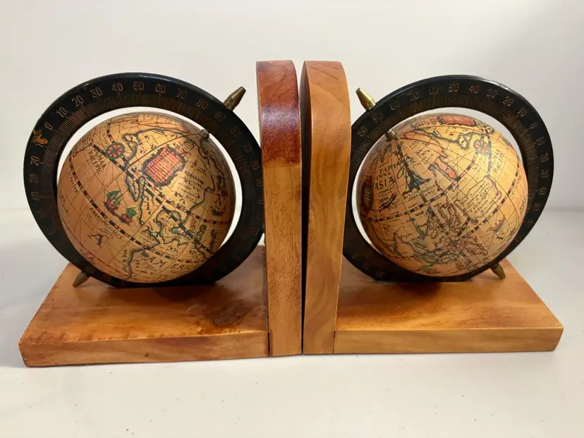 Set of 2 VTG Old World Spinning Globe Bookends Office Decor