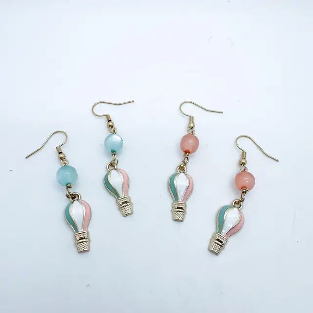 Hot Air Balloon Earrings Pink and Blue Enamel Gold Tone, Handmade