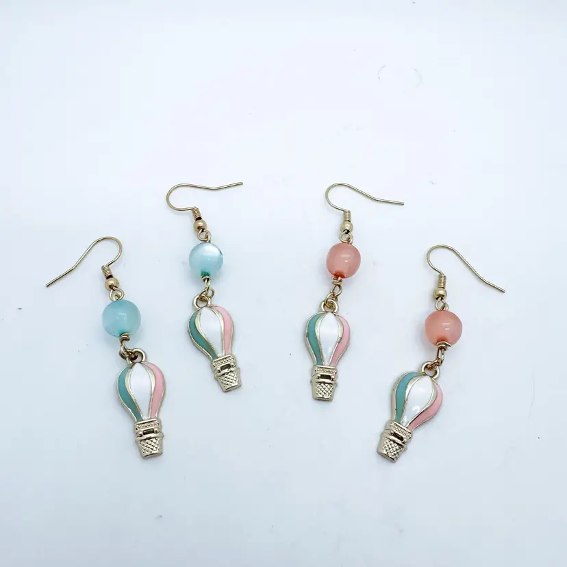 Hot Air Balloon Earrings Pink and Blue Enamel Gold Tone, Handmade